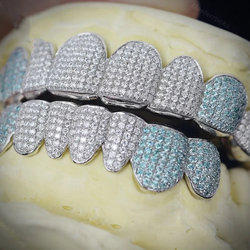 Buss Down Hiphop Jewelry 925 Sterling Silver Custom Diamond Grillz for Teeth Iced Out VVS Blue Moissanite Grillz