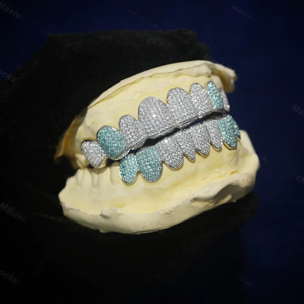 Buss Down Hiphop Jewelry 925 Sterling Silver Custom Diamond Grillz for Teeth Iced Out VVS Blue Moissanite Grillz