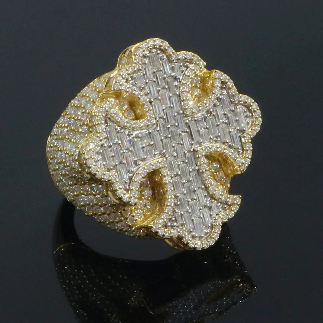 Gold Plated VVS Baguette Iced Out Hiphop Custom Cross Ring 925 Sterling Silver Bling Bling Moissanite Ring