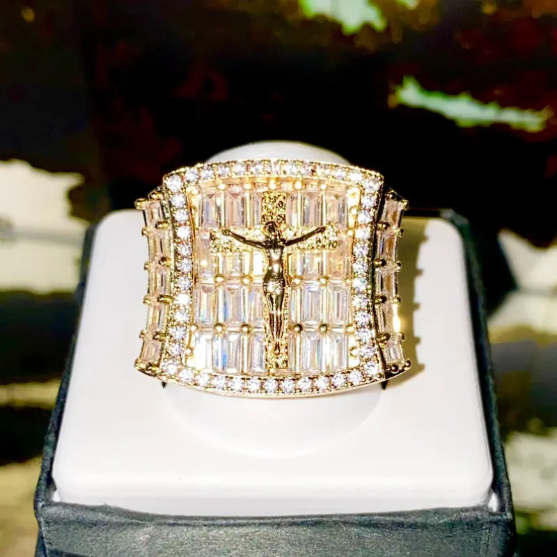 Gold Plated VVS Baguette Iced Out Hiphop Custom Cross Ring 925 Sterling Silver Bling Bling Moissanite Ring