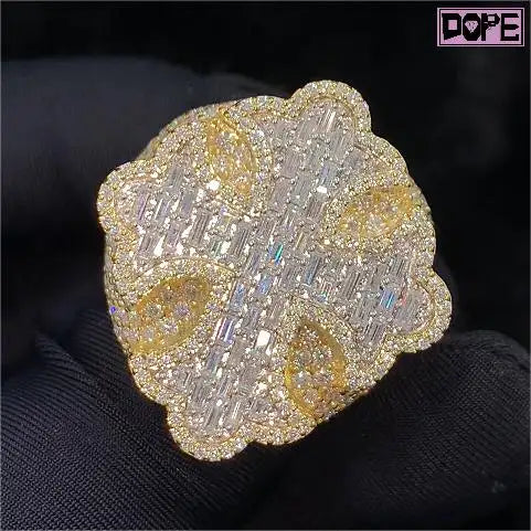 Gold Plated VVS Baguette Iced Out Hiphop Custom Cross Ring 925 Sterling Silver Bling Bling Moissanite Ring