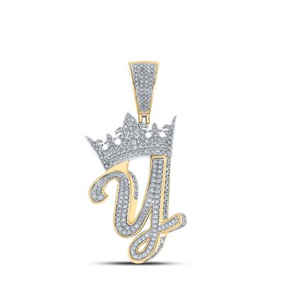 10K TWO-TONE GOLD ROUND DIAMOND Y CROWN LETTER CHARM PENDANT 1-1/4 CTTW