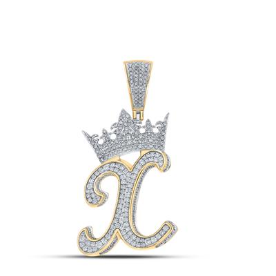 10K TWO-TONE GOLD ROUND DIAMOND X CROWN LETTER CHARM PENDANT 1-1/2 CTTW