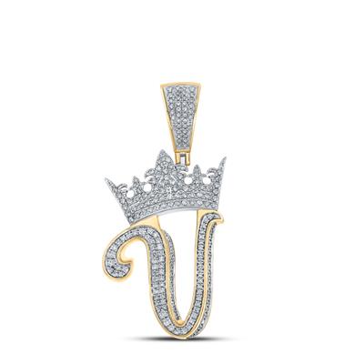 10K TWO-TONE GOLD ROUND DIAMOND V CROWN LETTER CHARM PENDANT 1-1/5 CTTW