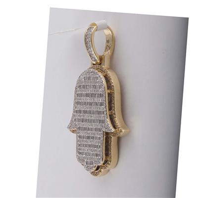 10K YELLOW GOLD BAGUETTE DIAMOND HAMSA HAND CHARM PENDANT 2 CTTW