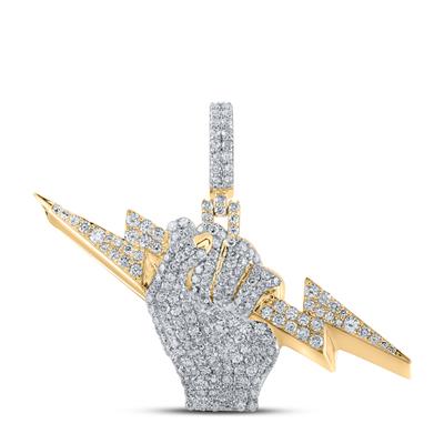 10K YELLOW GOLD ROUND DIAMOND LIGHTNING BOLT FIST CHARM PENDANT 2-3/8 CTTW