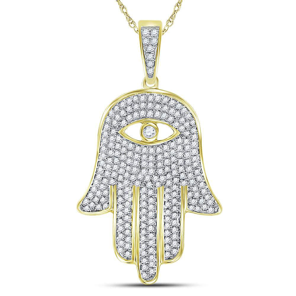 10K YELLOW GOLD ROUND DIAMOND HAMSA HAND EYE FATIMA CHARM PENDANT 1 CTTW