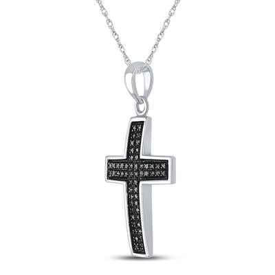 STERLING SILVER ROUND BLACK DIAMOND CROSS CHARM PENDANT 1/6 CTTW