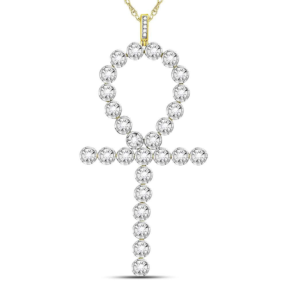 10K YELLOW GOLD ROUND DIAMOND ANKH CROSS CHARM PENDANT 3/4 CTTW