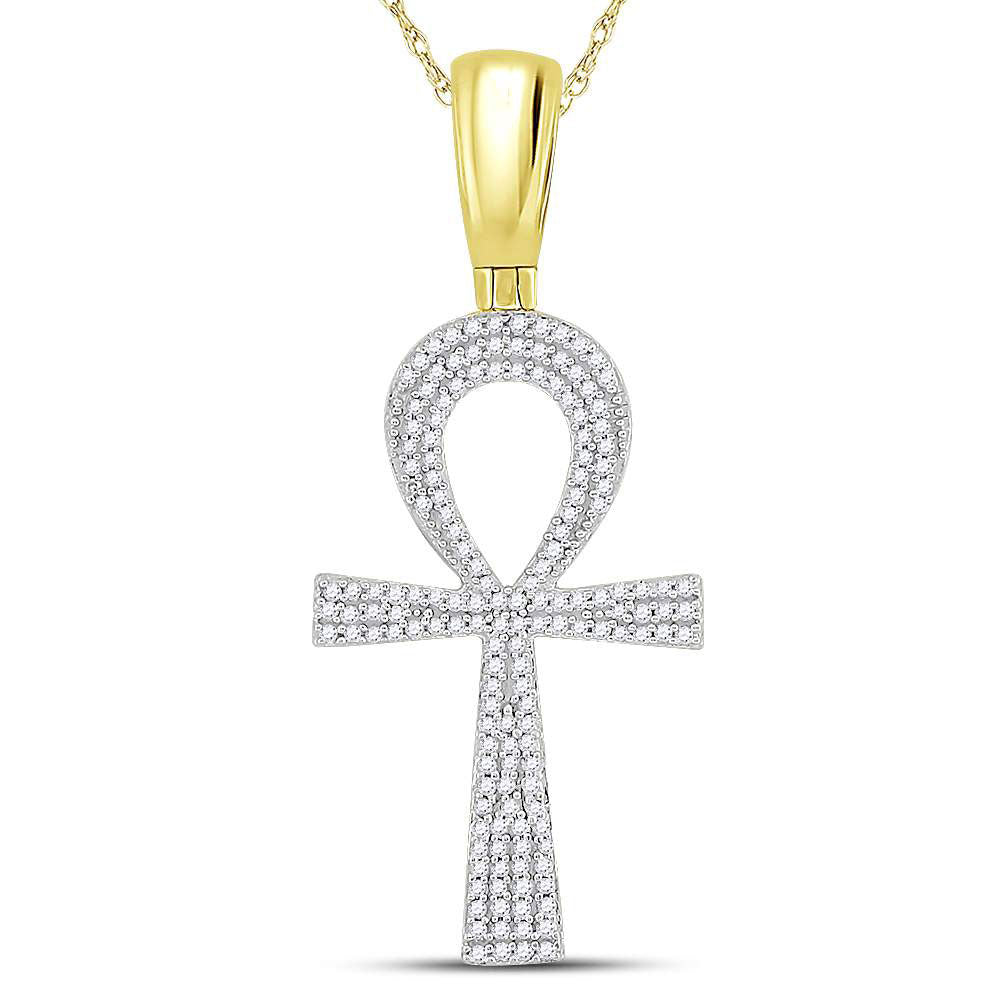 10K YELLOW GOLD ROUND DIAMOND ANKH CROSS CHARM PENDANT 1/2 CTTW