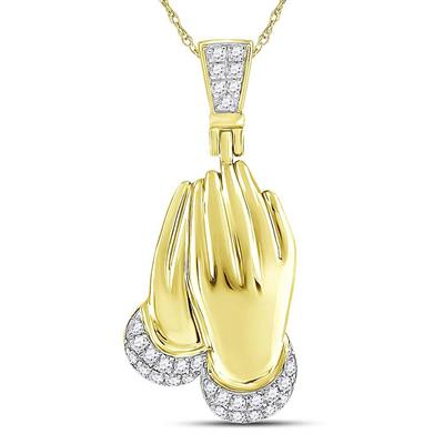 10KT YELLOW GOLD ROUND DIAMOND PRAYING HANDS CHARM PENDANT 1/6 CTTW