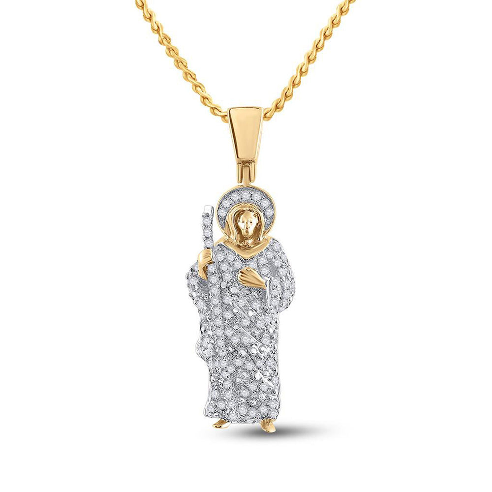 14K YELLOW GOLD ROUND DIAMOND JESUS SAINT CHARM PENDANT 3/8 CTTW