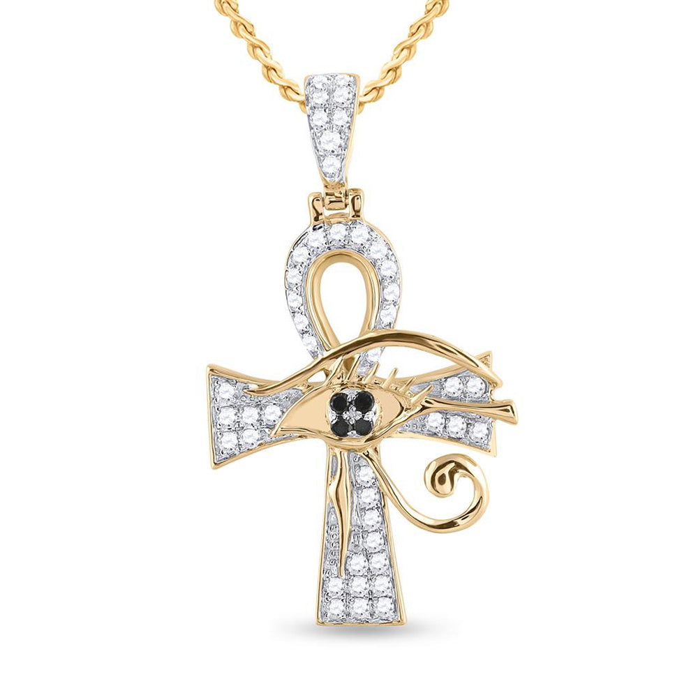 10K YELLOW GOLD ROUND BLACK DIAMOND ANKH CROSS CHARM PENDANT 1/2 CTTW