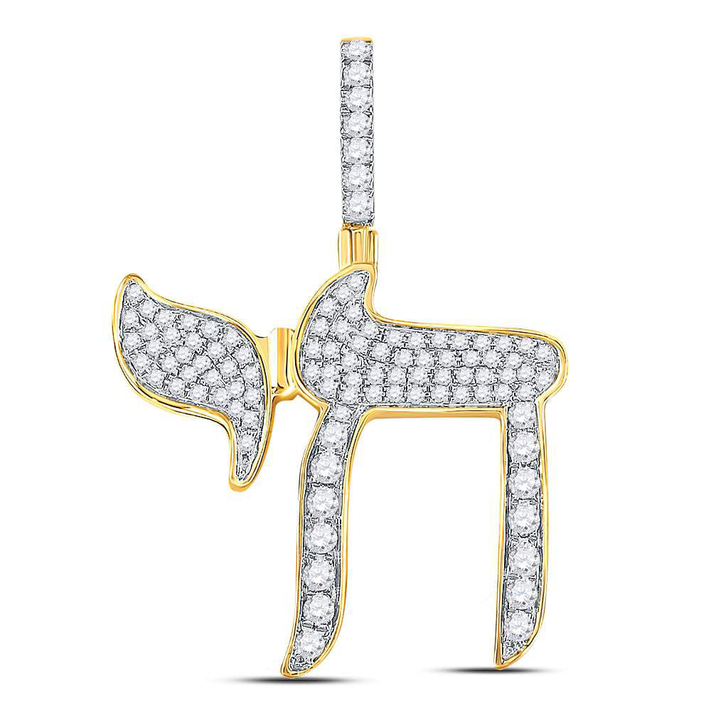 10K YELLOW GOLD ROUND DIAMOND JEWISH HEBREW CHAI CHARM PENDANT 3/4 CTTW