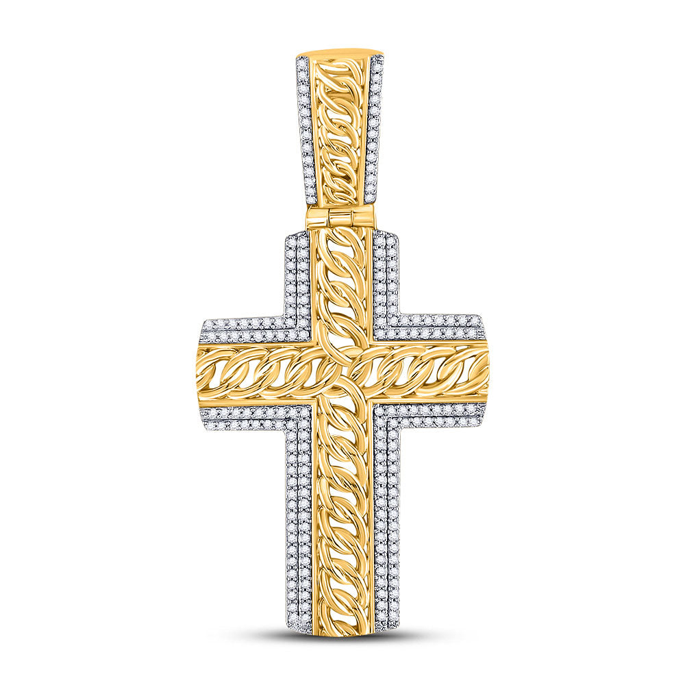 10K YELLOW GOLD ROUND DIAMOND CURB LINK CROSS CHARM PENDANT 1/2 CTTW