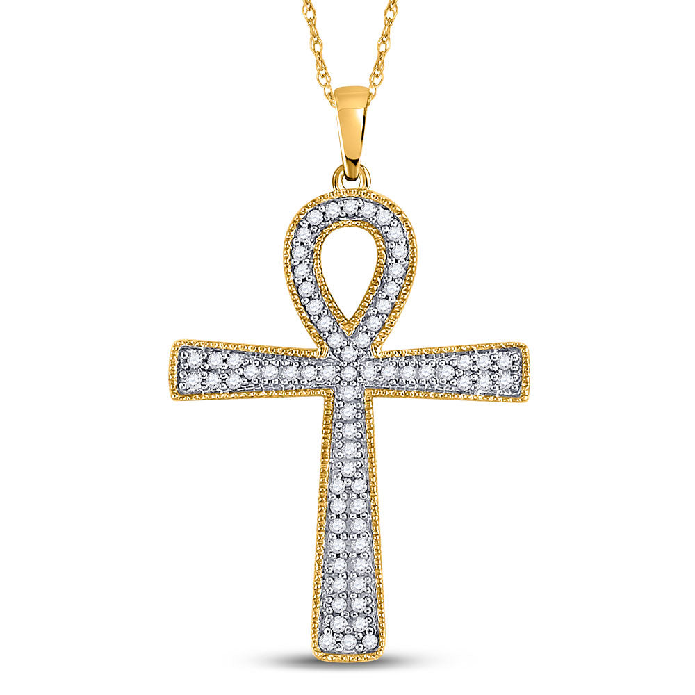 10K YELLOW GOLD ROUND DIAMOND ANKH CROSS CHARM PENDANT 1/6 CTTW