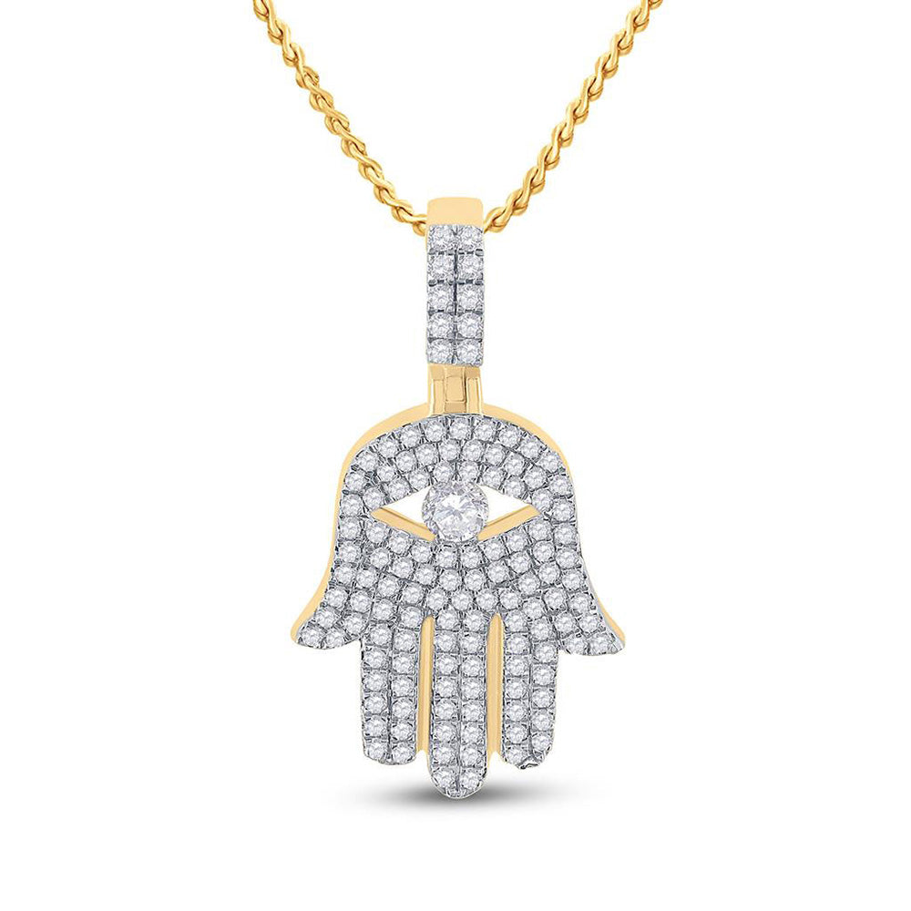 10K YELLOW GOLD ROUND DIAMOND HAMSA HAND CHARM PENDANT 1 CTTW