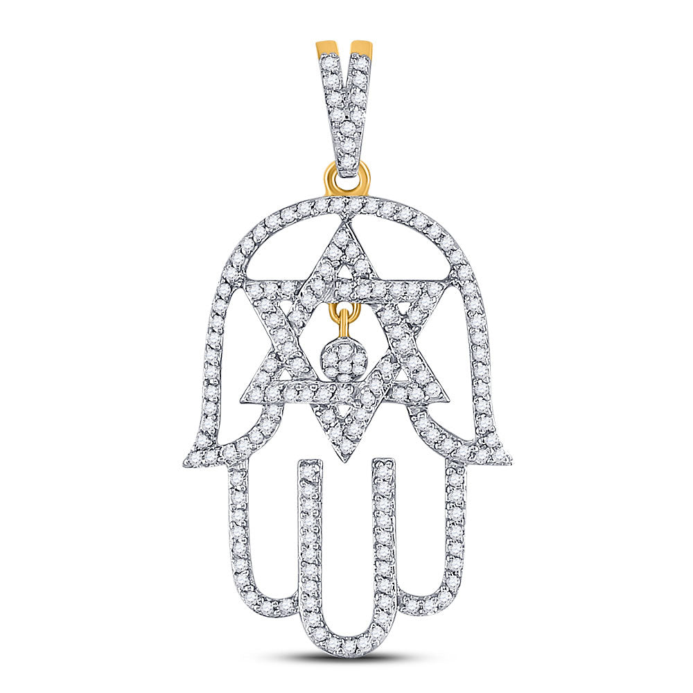 10K YELLOW GOLD ROUND DIAMOND HAMSA STAR OF DAVID CHARM PENDANT 1/2 CTTW