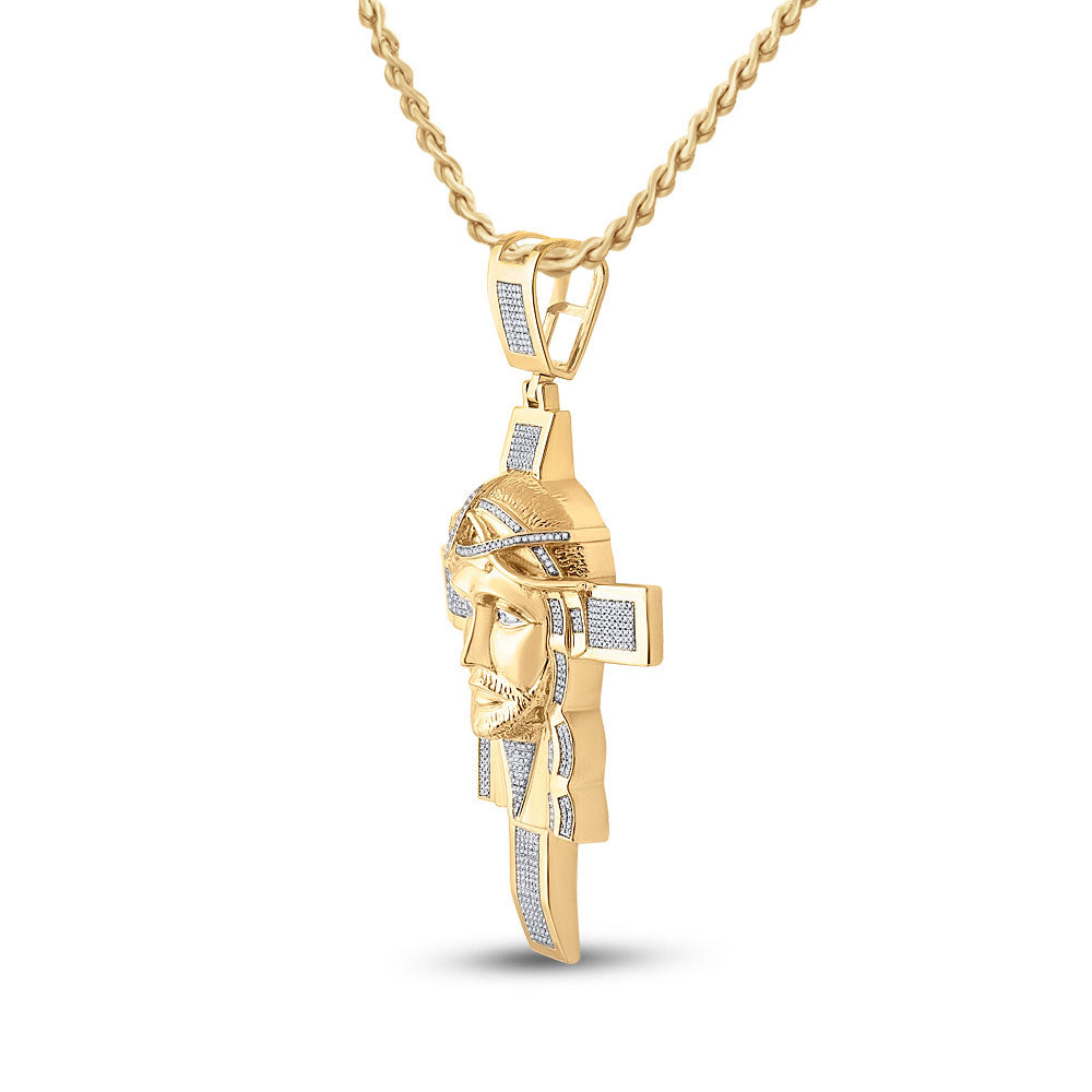 10K YELLOW GOLD ROUND DIAMOND JESUS FACE CROSS CHARM PENDANT 1-1/4 CTTW