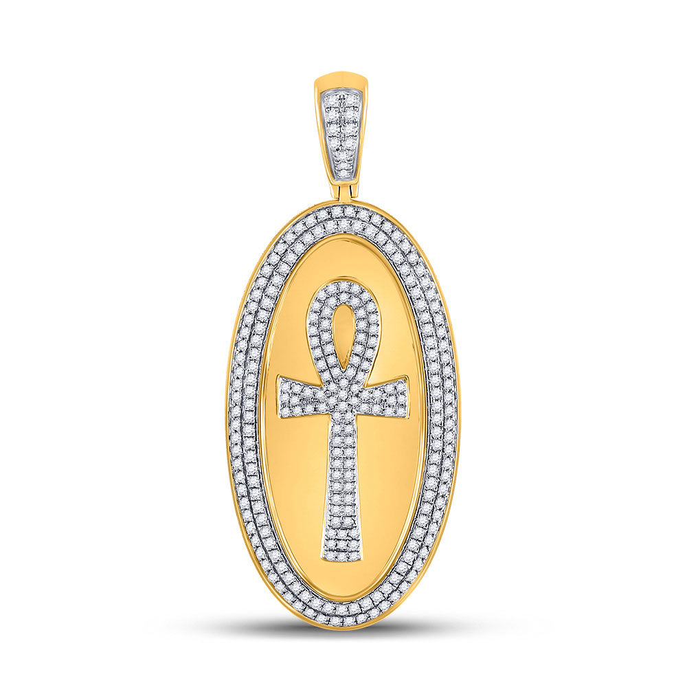 10K YELLOW GOLD ROUND DIAMOND OVAL ANKH CROSS CHARM PENDANT 2 CTTW