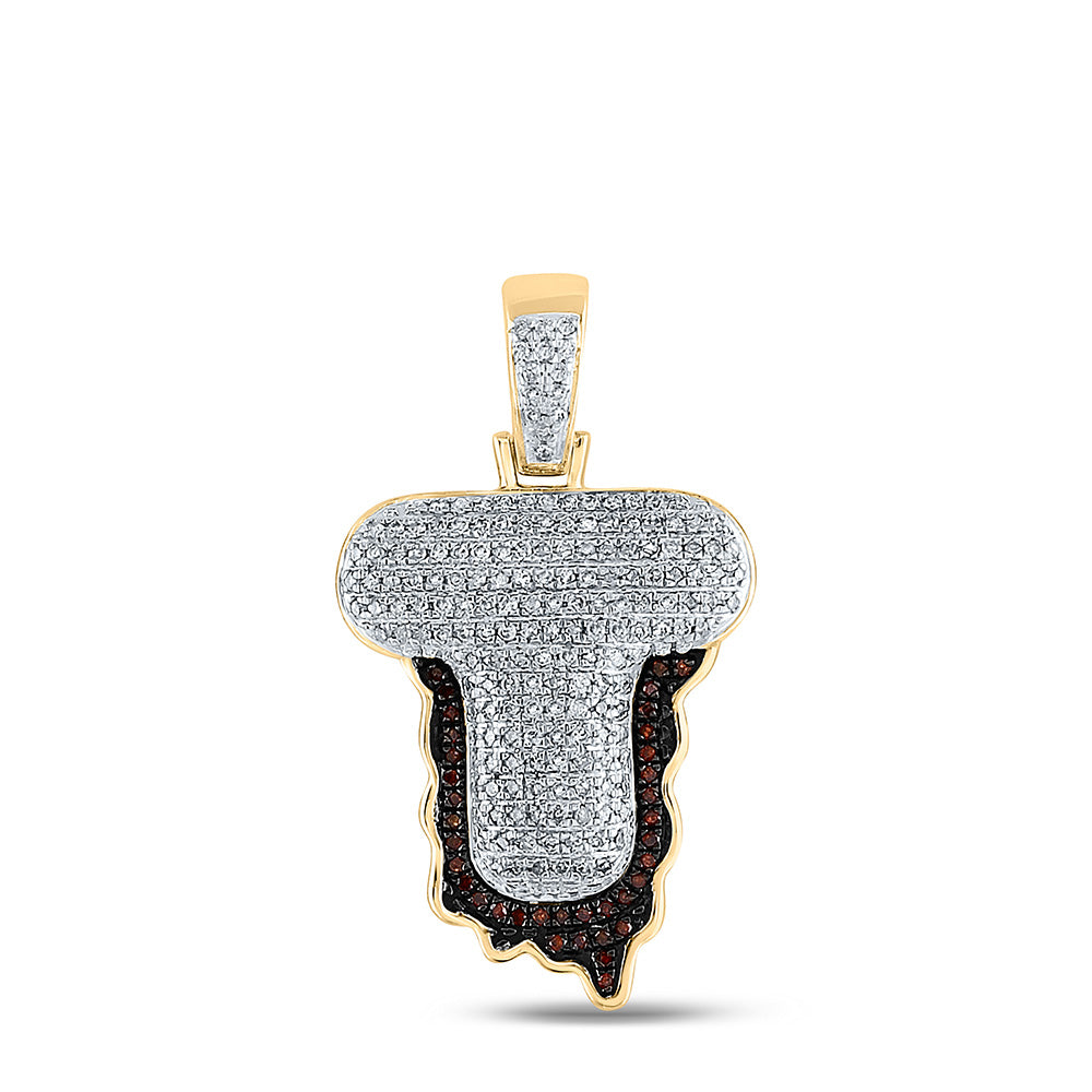 10K YELLOW GOLD ROUND RED DIAMOND LETTER T BLOOD CHARM PENDANT 5/8 CTTW