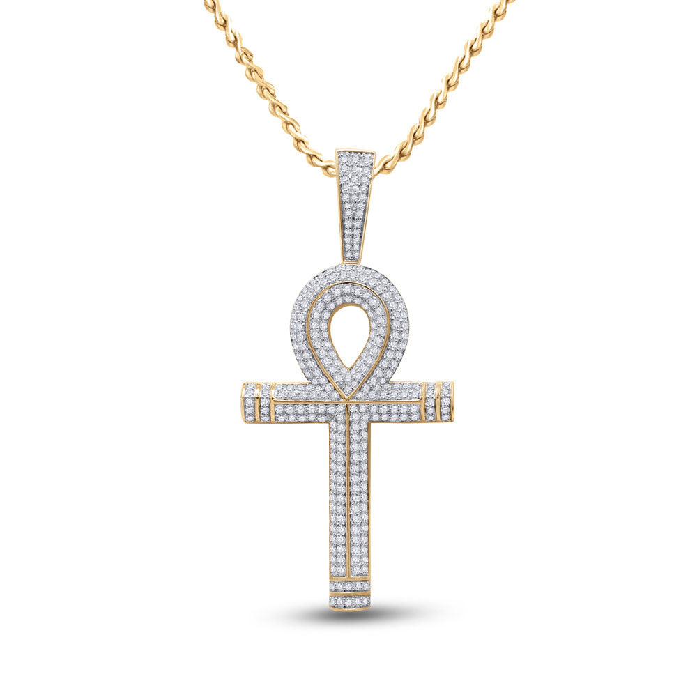 10K YELLOW GOLD ROUND DIAMOND ANKH CROSS CHARM PENDANT 2-1/5 CTTW