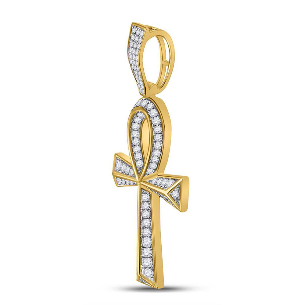 10K YELLOW GOLD ROUND DIAMOND ANKH CROSS CHARM PENDANT 1-3/4 CTTW