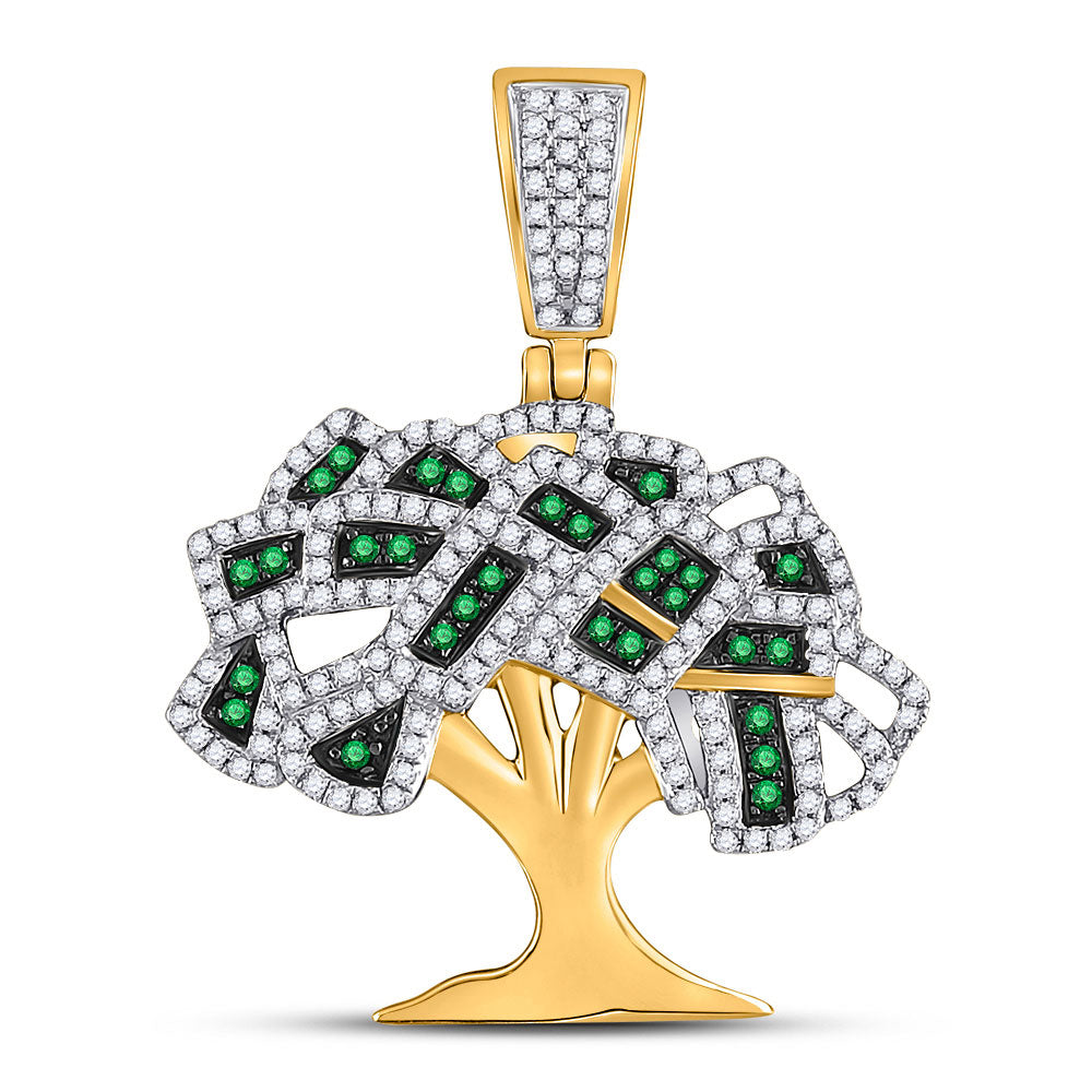 10K YELLOW GOLD ROUND GREEN DIAMOND MONEY TREE CHARM PENDANT 3/4 CTTW