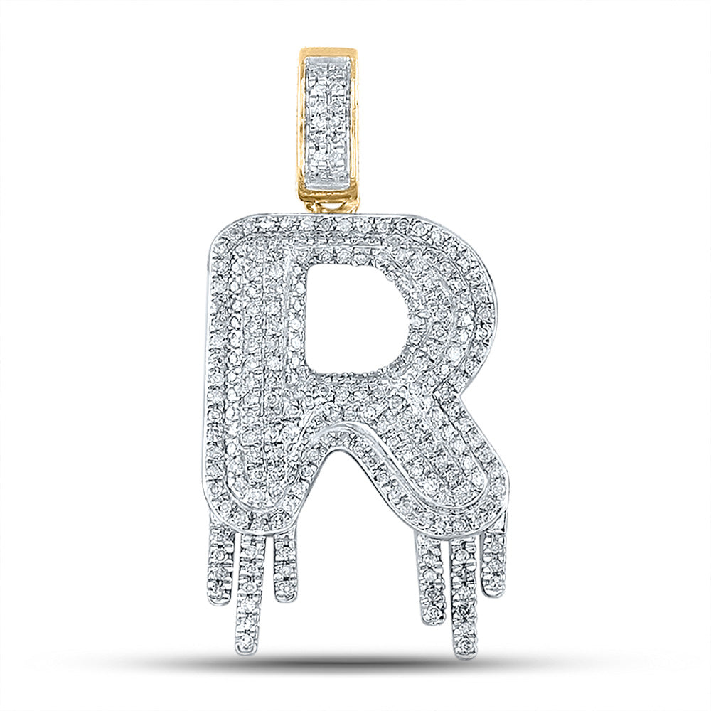 10K YELLOW GOLD ROUND DIAMOND DRIPPING R LETTER CHARM PENDANT 3/4 CTTW