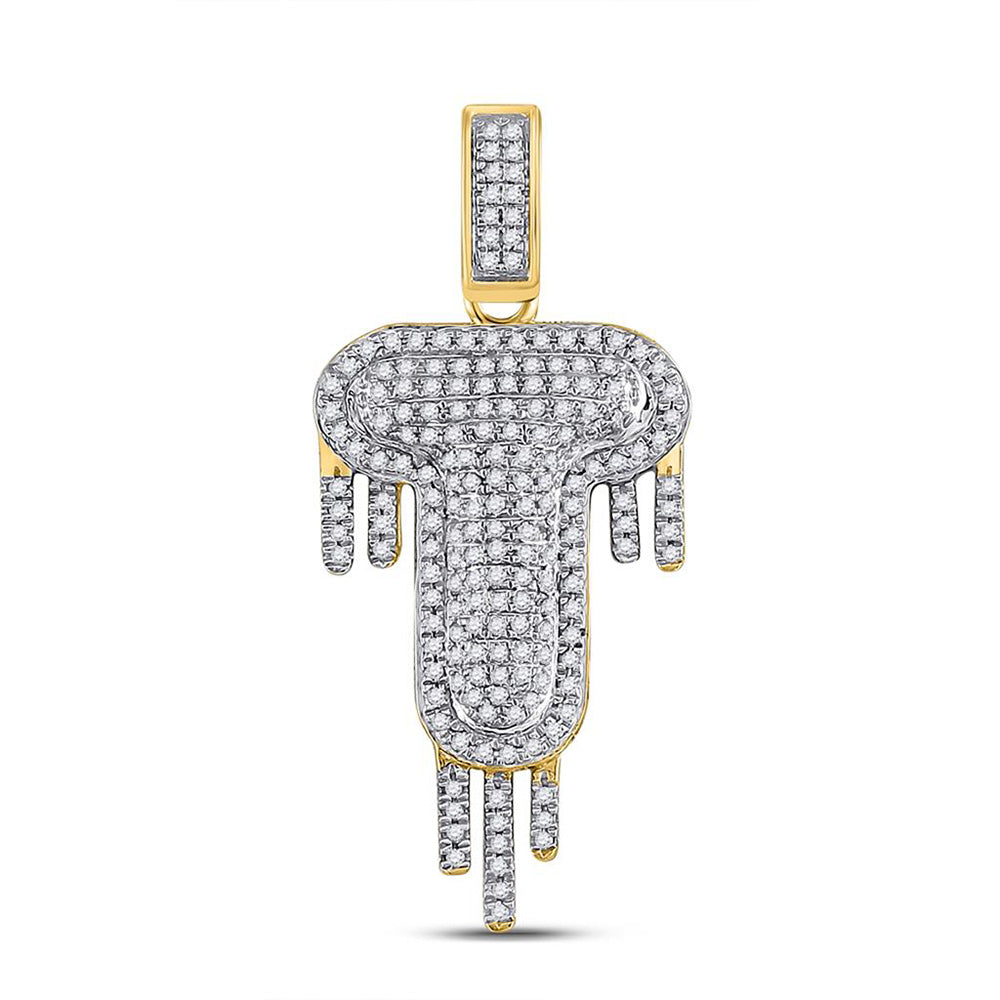 10K YELLOW GOLD ROUND DIAMOND T DRIPPING LETTER CHARM PENDANT 1/2 CTTW