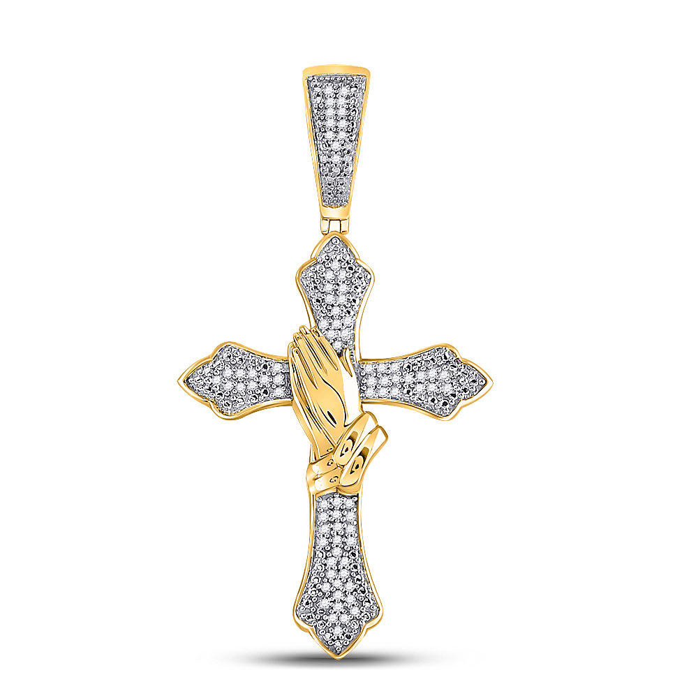 10K YELLOW GOLD ROUND DIAMOND PRAYING HANDS GOTHIC CROSS CHARM PENDANT 1/4 CTTW