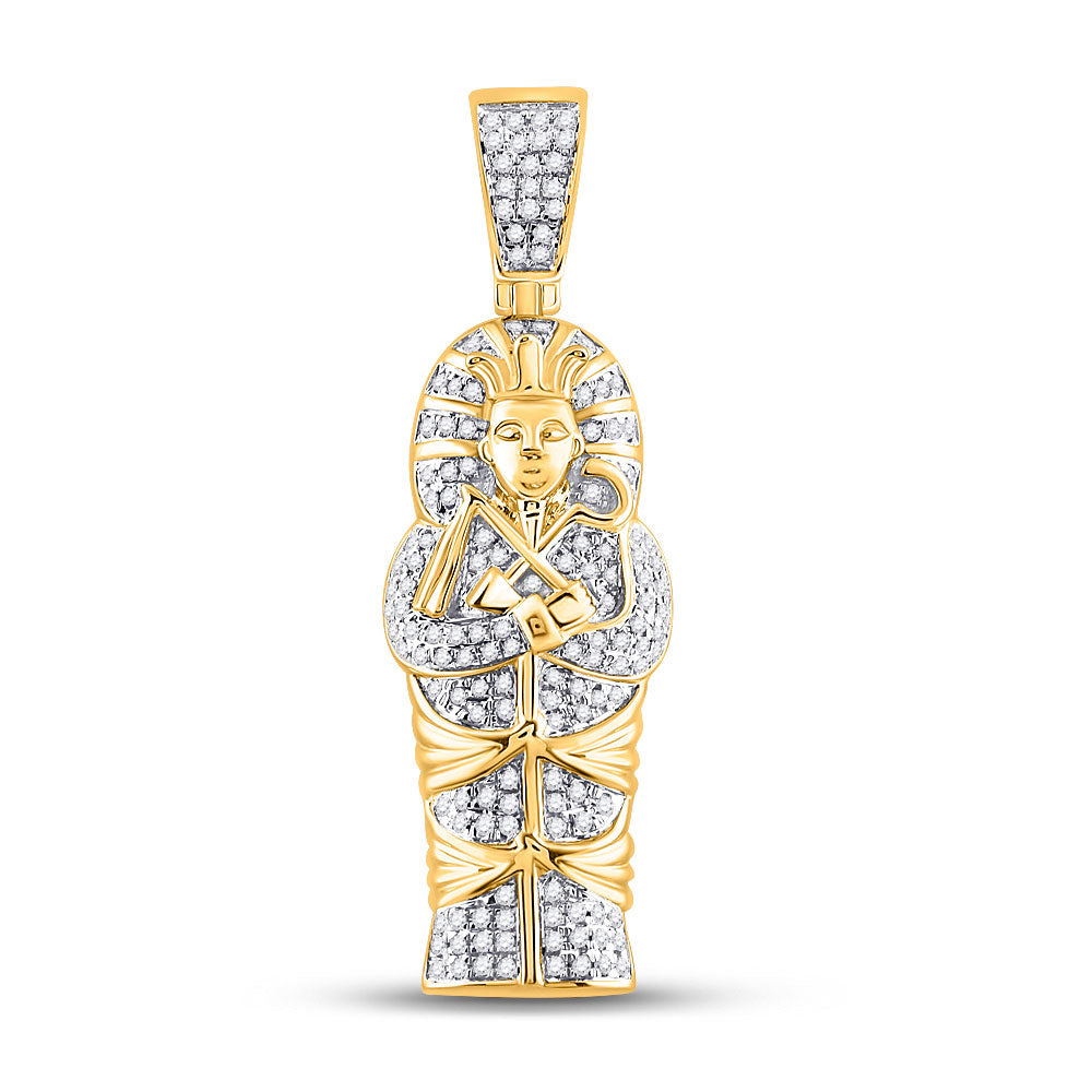 10K YELLOW GOLD ROUND DIAMOND SARCOPHAGUS MUMMY PHARAOH CHARM PENDANT 3/8 CTTW