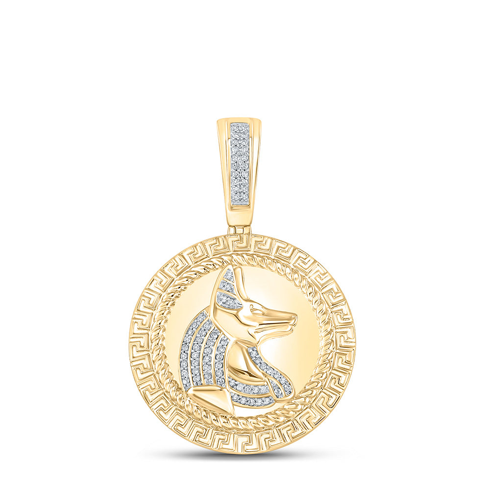 10K YELLOW GOLD ROUND DIAMOND ANUBIS EGYPT CIRCLE CHARM PENDANT 1/5 CTTW