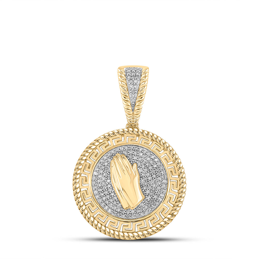 10K YELLOW GOLD ROUND DIAMOND PRAYER HANDS MEDALLION CHARM PENDANT 3/8 CTTW