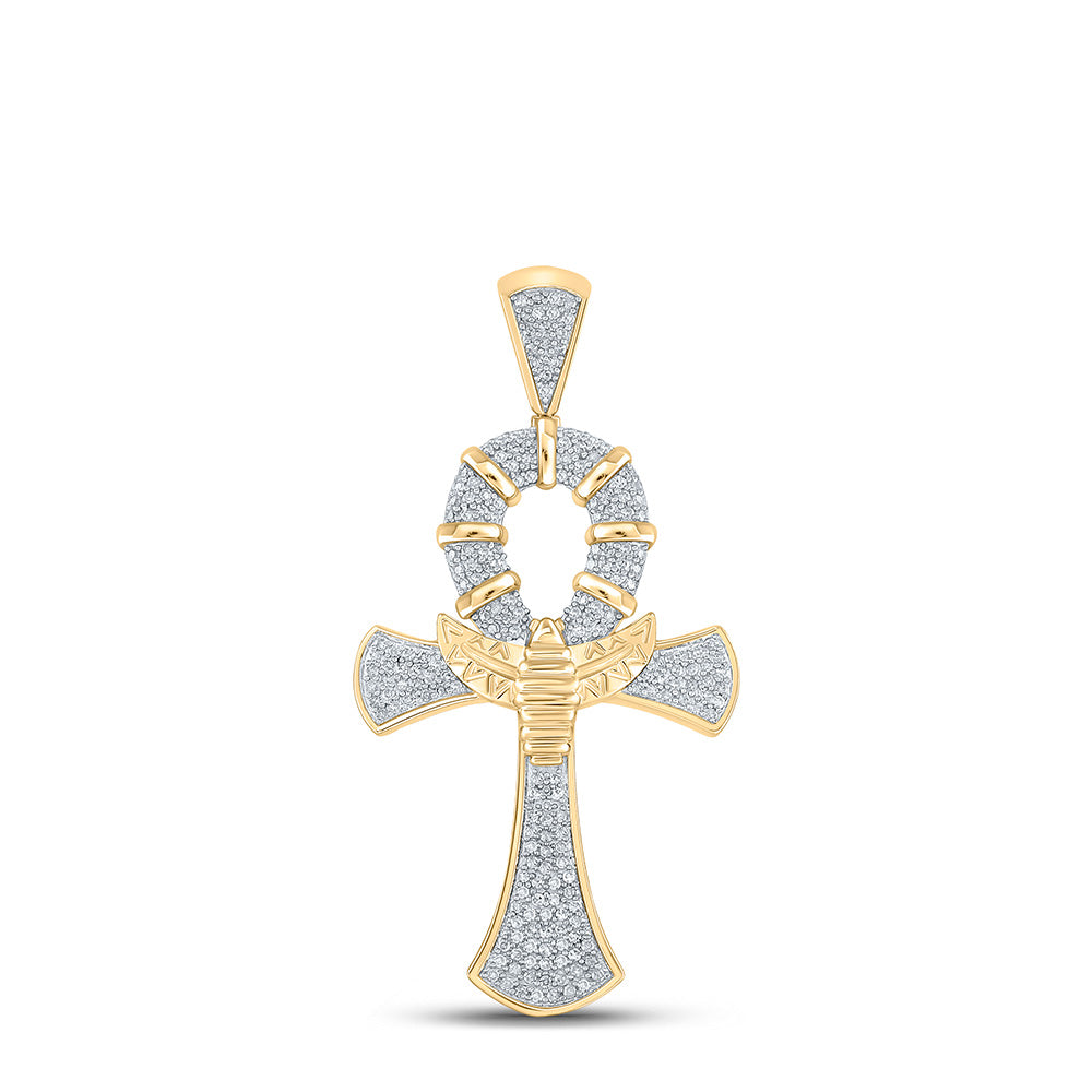 10K YELLOW GOLD ROUND DIAMOND ANKH CROSS CHARM PENDANT 1/2 CTTW