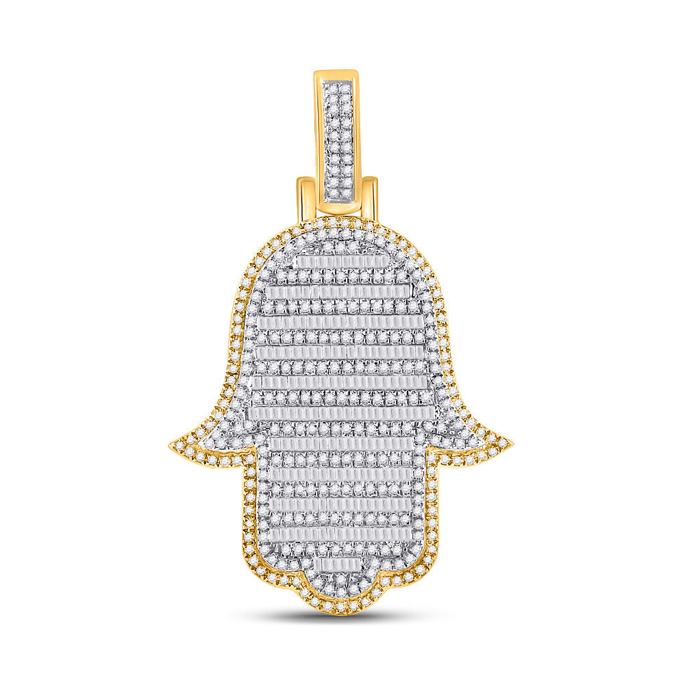 10K YELLOW GOLD BAGUETTE DIAMOND HAMSA HAND CHARM PENDANT 2 CTTW