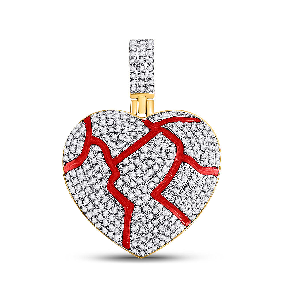 10K YELLOW GOLD ROUND DIAMOND RED BROKEN HEART CHARM PENDANT 3/4 CTTW
