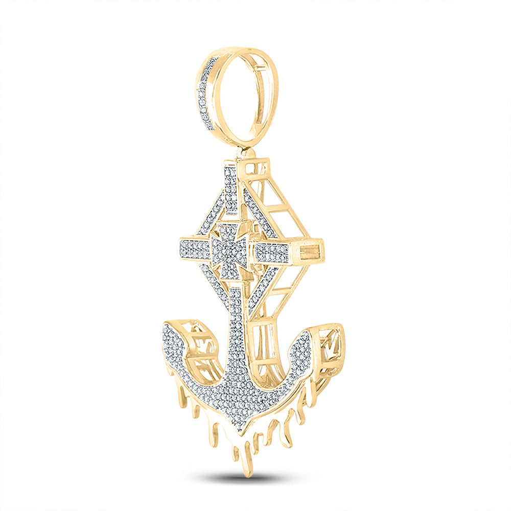 10K YELLOW GOLD ROUND DIAMOND ANCHOR CROSS CHARM PENDANT 1/2 CTTW