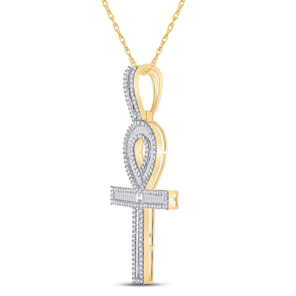 10K YELLOW GOLD BAGUETTE DIAMOND ANKH CROSS CHARM PENDANT 1-1/2 CTTW