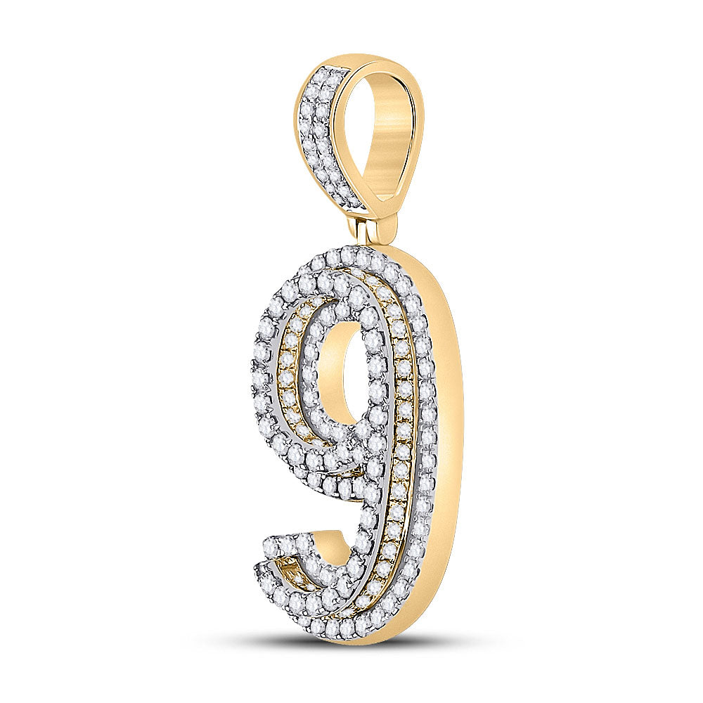 10K YELLOW GOLD ROUND DIAMOND NUMBER 9 CHARM PENDANT 1-5/8 CTTW