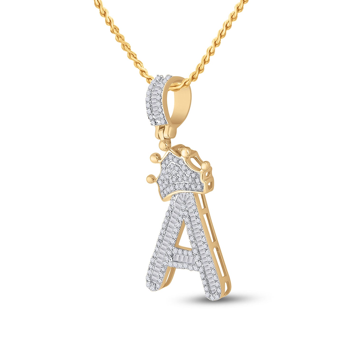 10K YELLOW GOLD BAGUETTE DIAMOND CROWN A LETTER CHARM PENDANT 7/8 CTTW