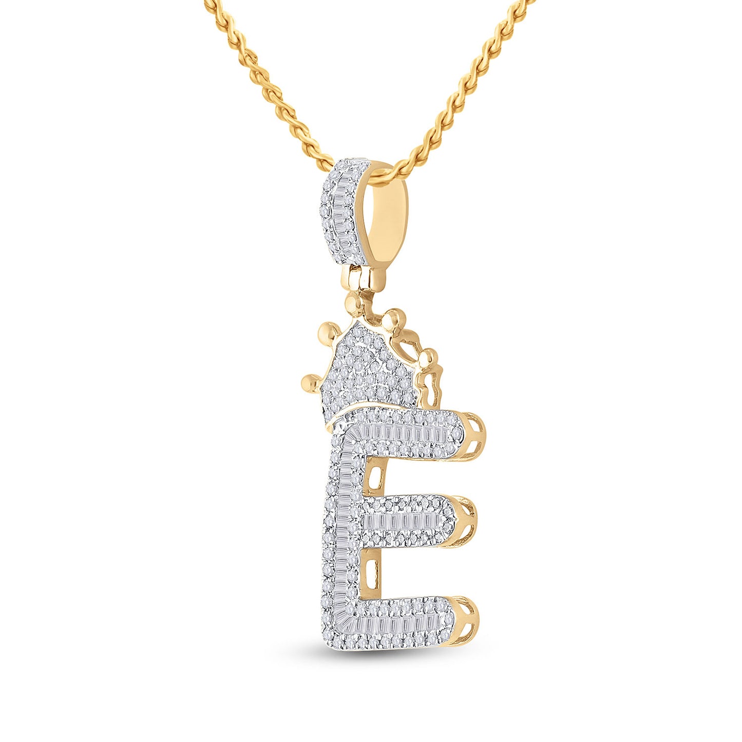 10K YELLOW GOLD BAGUETTE DIAMOND CROWN E LETTER CHARM PENDANT 3/4 CTTW