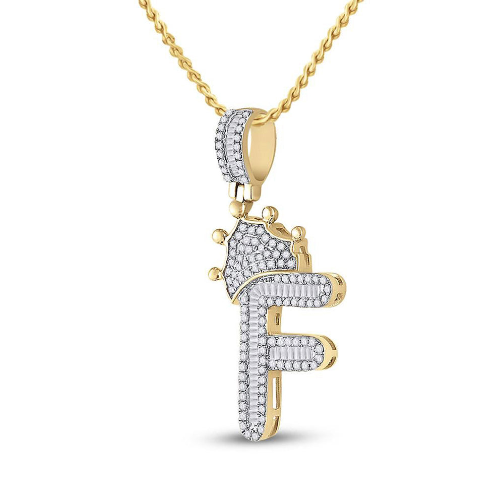 10K YELLOW GOLD BAGUETTE DIAMOND CROWN F LETTER CHARM PENDANT 5/8 CTTW