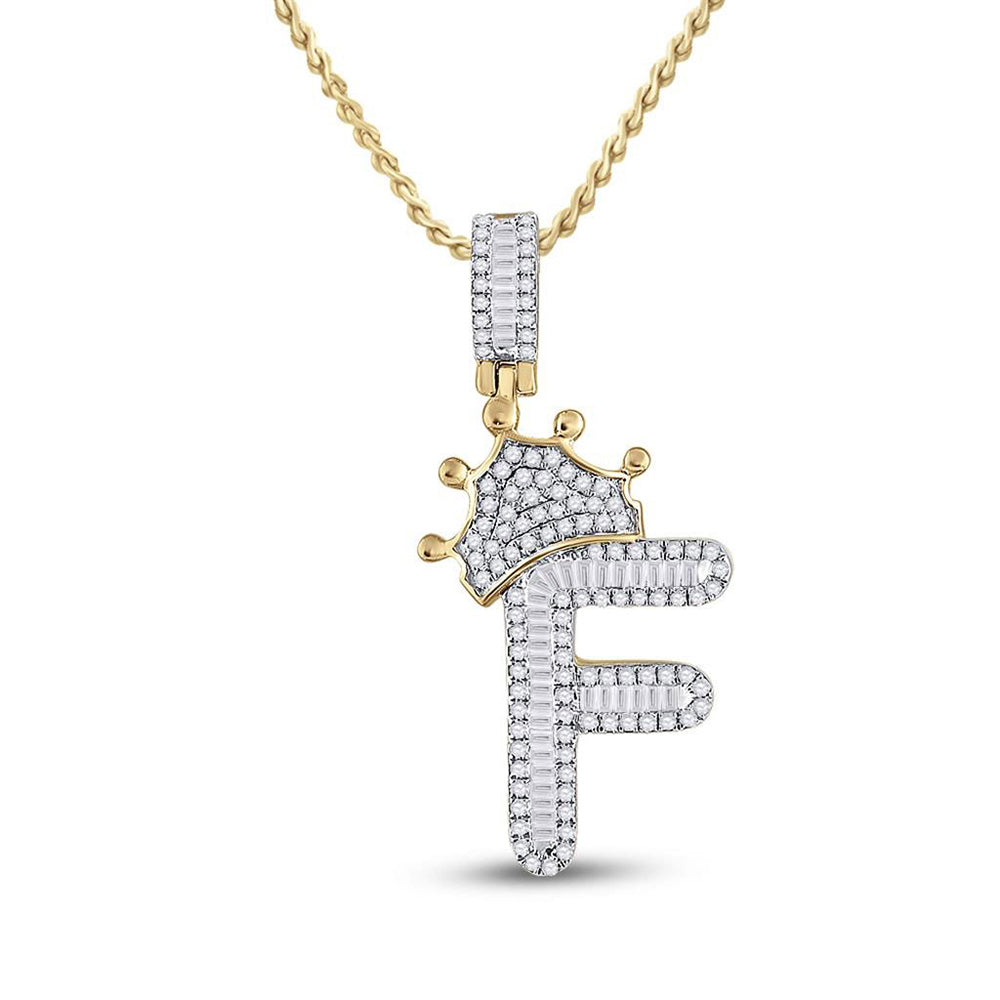 10K YELLOW GOLD BAGUETTE DIAMOND CROWN F LETTER CHARM PENDANT 5/8 CTTW