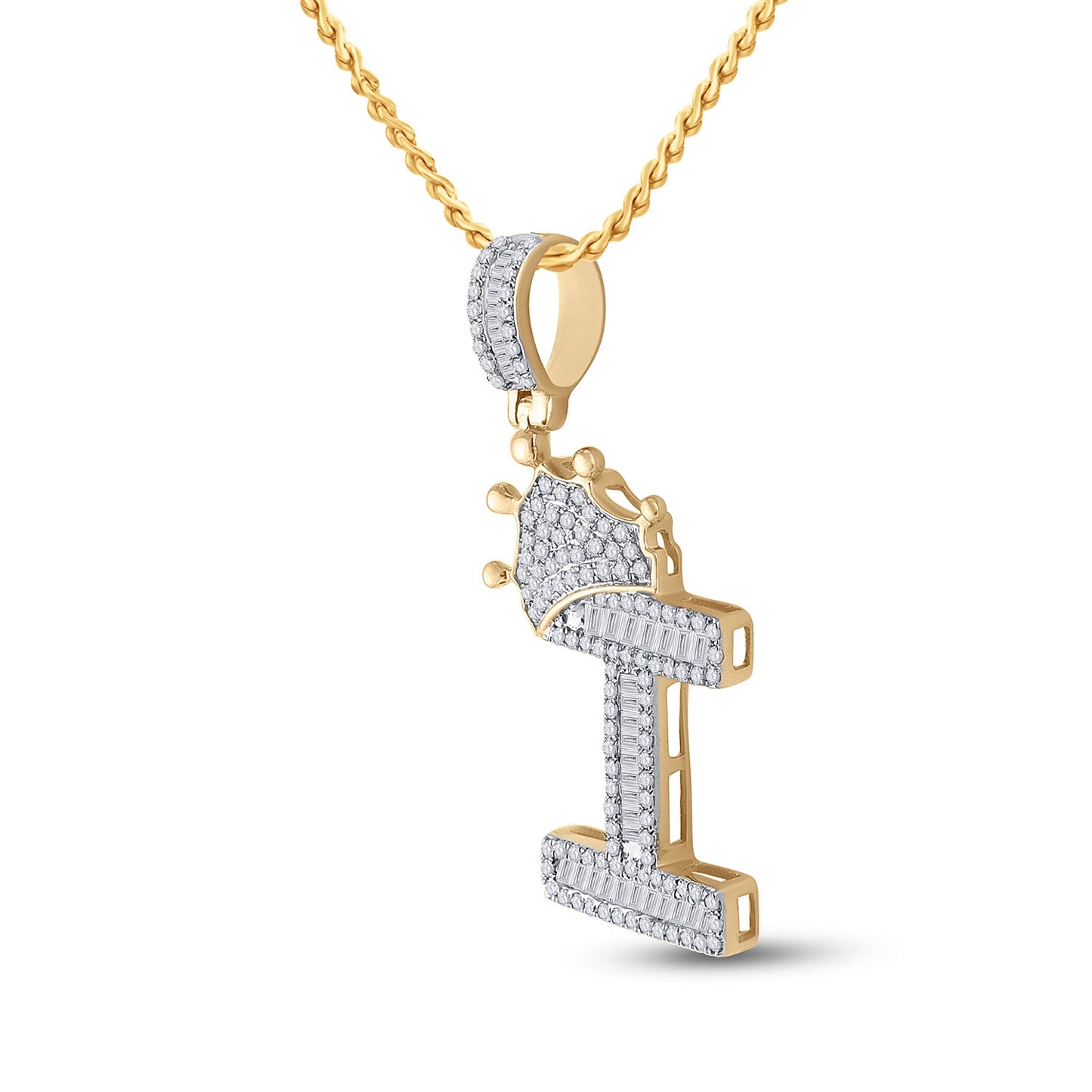 10K YELLOW GOLD BAGUETTE DIAMOND CROWN I LETTER CHARM PENDANT 5/8 CTTW