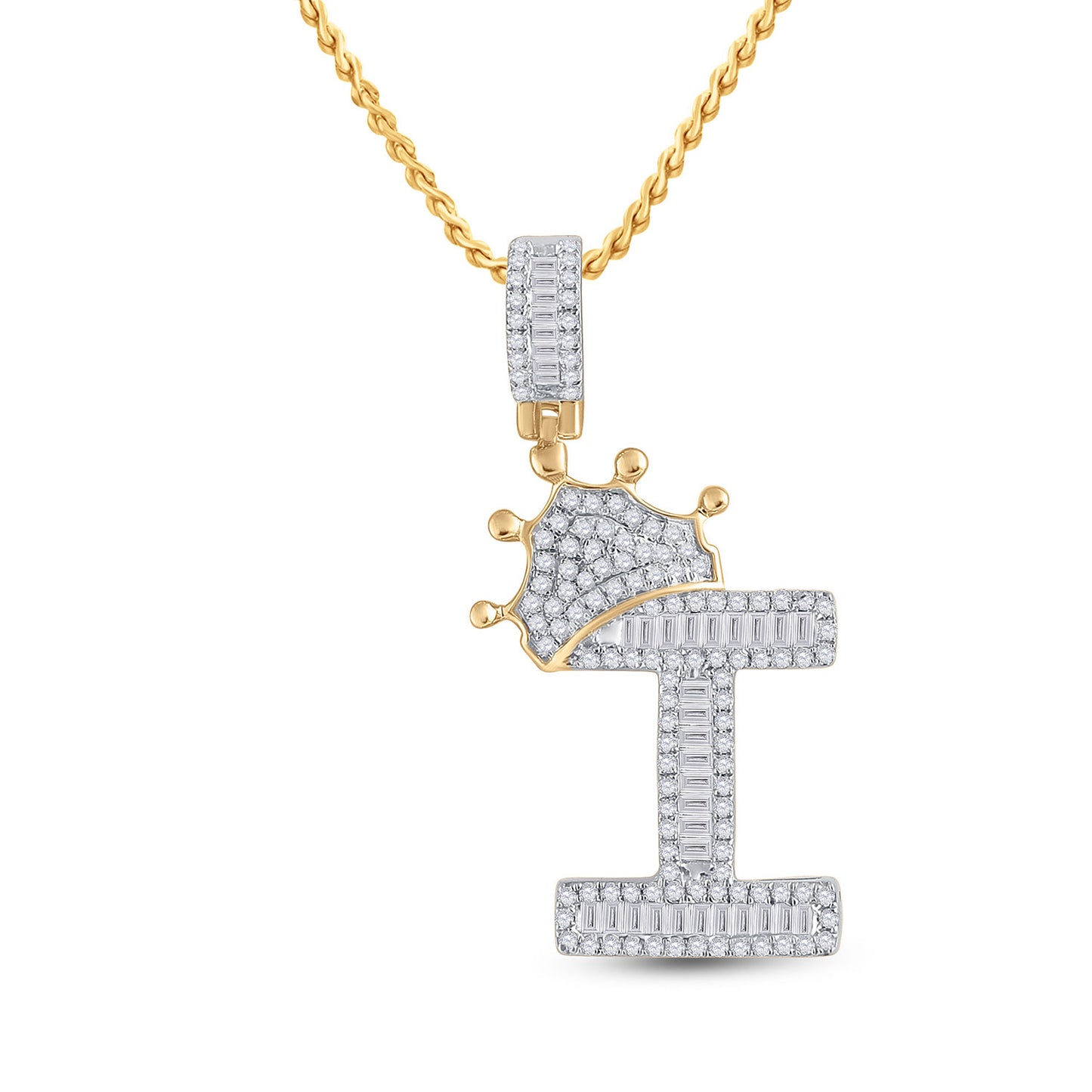 10K YELLOW GOLD BAGUETTE DIAMOND CROWN I LETTER CHARM PENDANT 5/8 CTTW