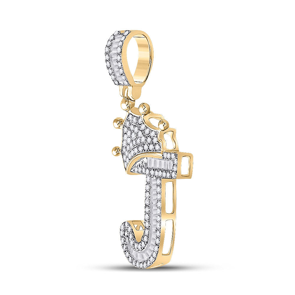 10K YELLOW GOLD BAGUETTE DIAMOND CROWN J LETTER CHARM PENDANT 1/2 CTTW
