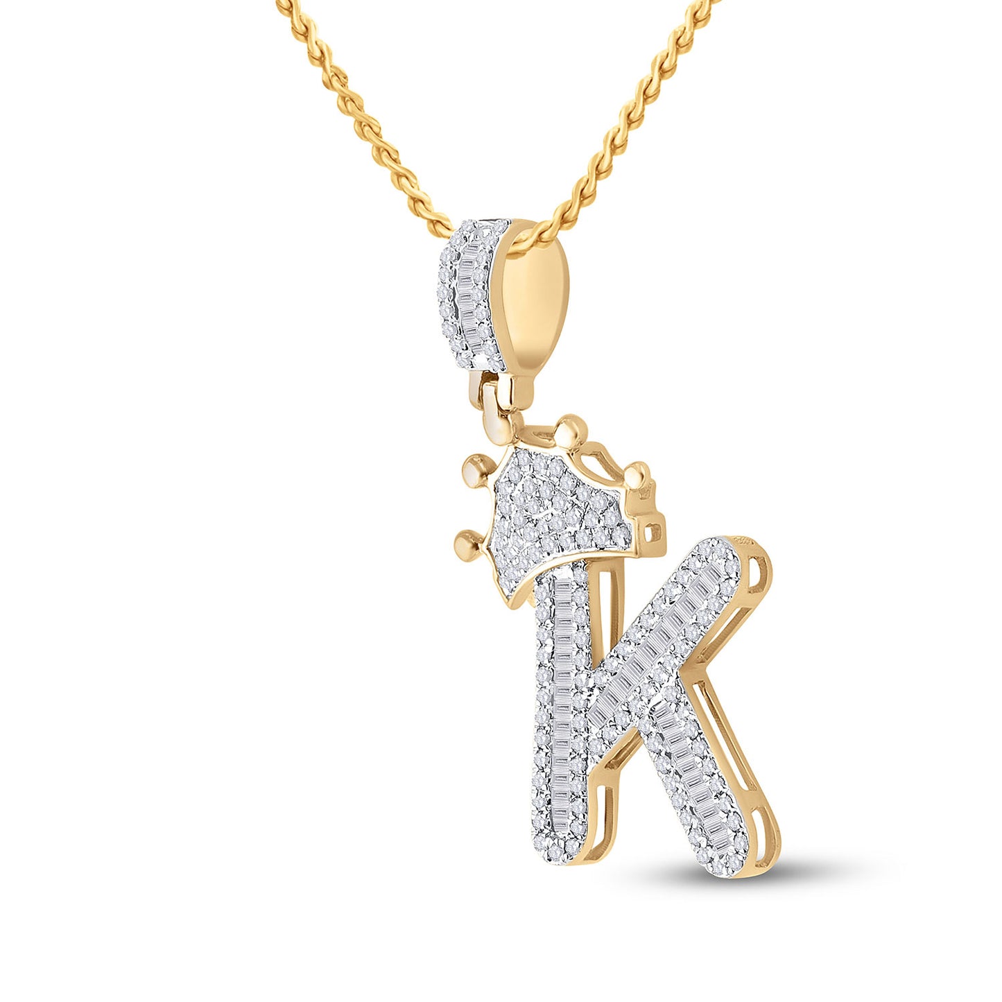 10K YELLOW GOLD BAGUETTE DIAMOND CROWN K LETTER CHARM PENDANT 5/8 CTTW