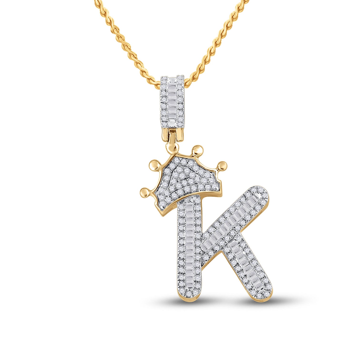 10K YELLOW GOLD BAGUETTE DIAMOND CROWN K LETTER CHARM PENDANT 5/8 CTTW