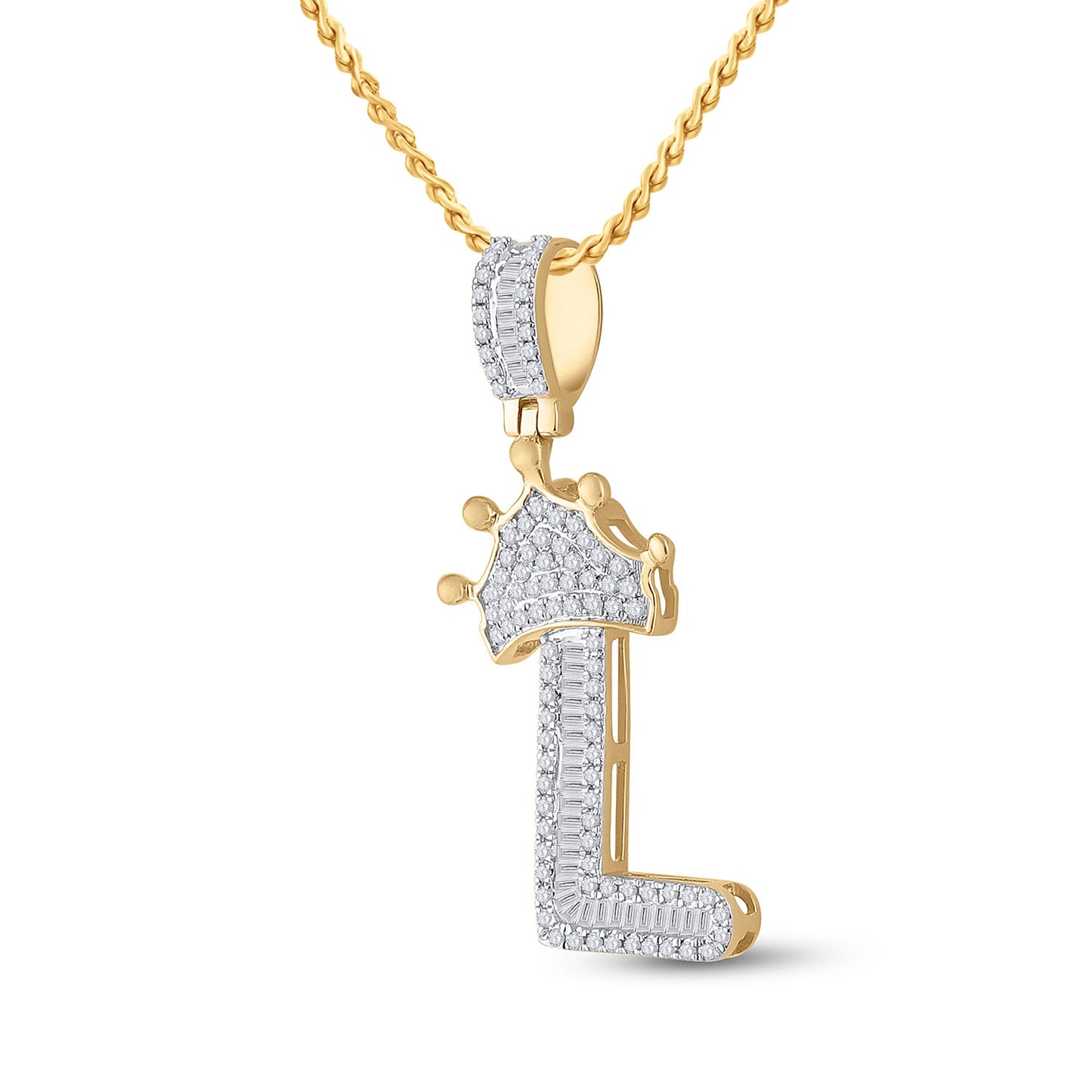 10K YELLOW GOLD BAGUETTE DIAMOND CROWN L LETTER CHARM PENDANT 1/2 CTTW